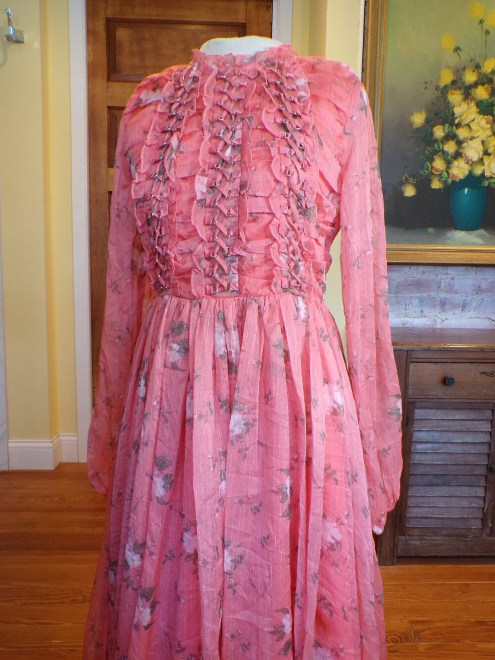 Slayla Coral Chiffon Long Dress Featured Lace-Up Trim W/ Silver Grommets Size M